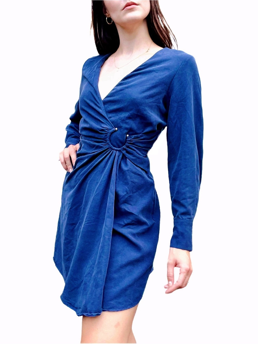 Mango Navy Linen Blend Long Sleeve Wrap Dress Large